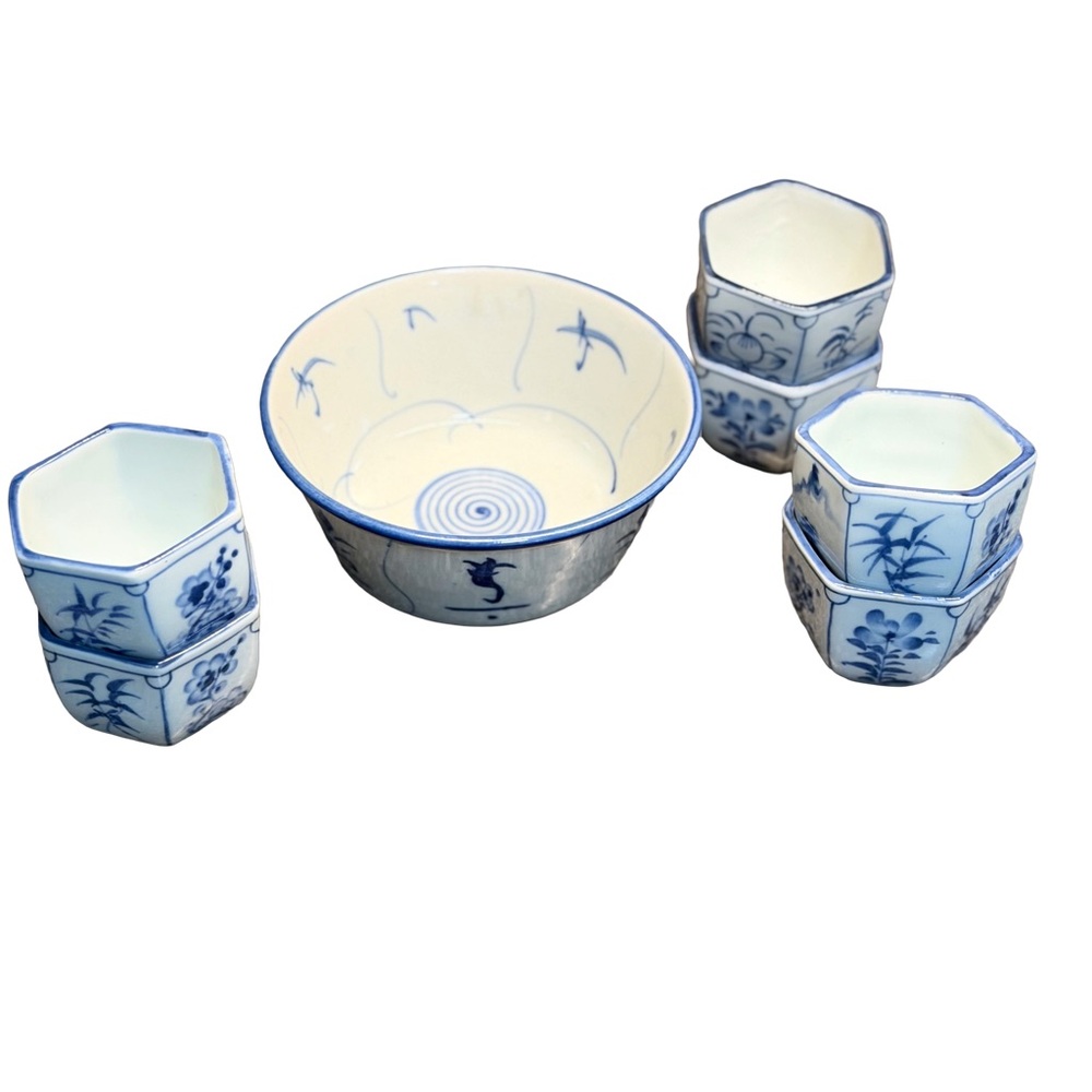 Rare Vintage Chinese Sake Cup Set With Rice Bowl